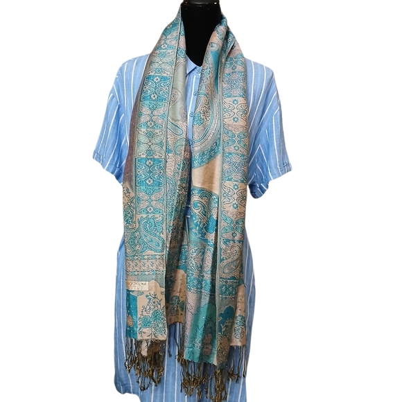 Pashmina Teal and Beige Paisley Scarf - Picture 1 of 6